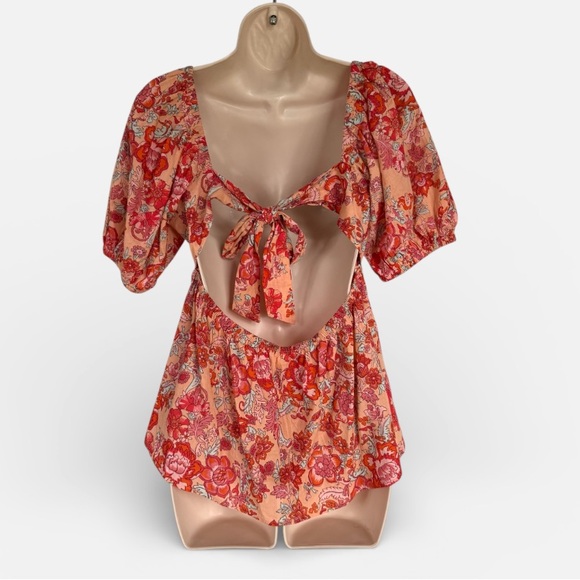 THML Floral Tie Back Peplum Blouse Small Puff Sleeve Open Back Top - Picture 6 of 8